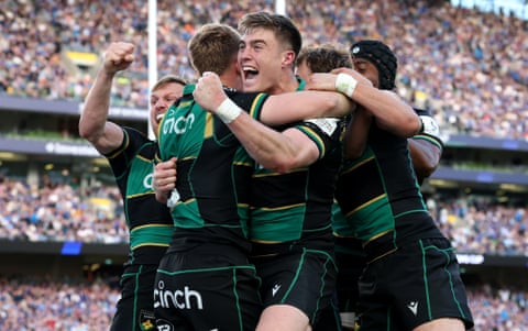 Northampton players including Tommy Freeman (centre) celebrate after beating Leinster in the Champions Cup semi-final.