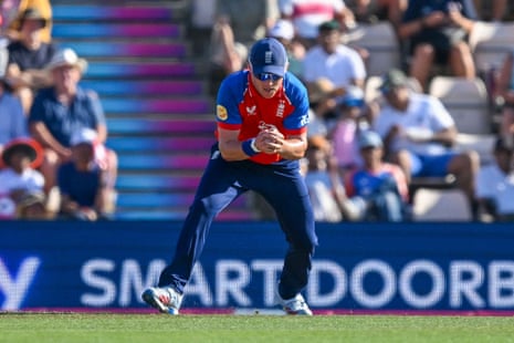 Sam Curran of England catches Shreyas Iyer of India off the bowling of Liam Dawson of England.