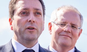 The Victorian opposition leader Matthew Guy with Scott Morrison during the election campaign.