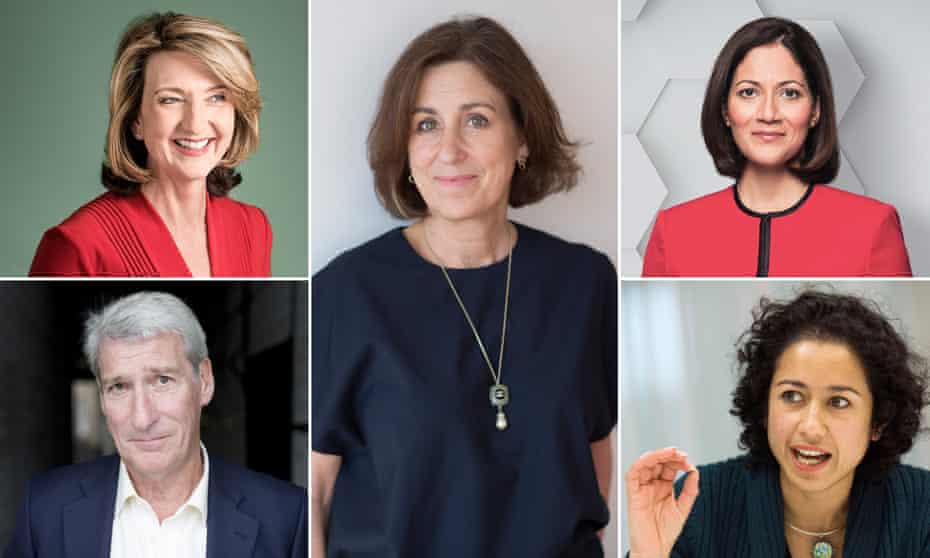 (Clockwise from left) Victoria Derbyshire, Kirsty Wark, Mishal Husain, Samira Ahmed and Jeremy Paxman