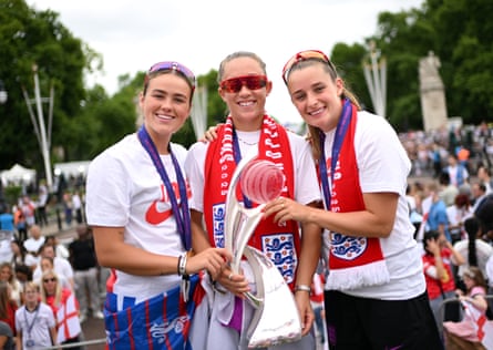 Grace Clinton, Maya Le Tissier and Ella Toone enjoy England’s Euro 2025 victory parade.