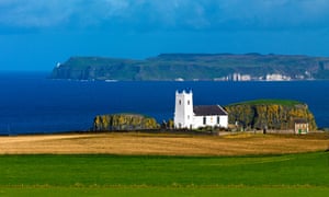 Rathlin Island and Ballintoy Church, Antrim coast.
