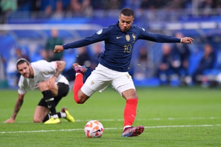 Kylian Mbappé scores against Austria at the Stade de France in France’s 2-0 win last week.