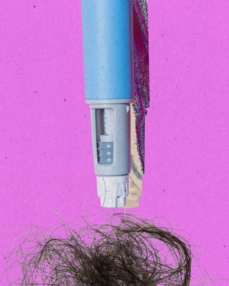 A collage shows an weight-loss drug injector pen hovering above a clump of dark hair