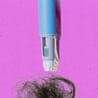 A collage shows an weight-loss drug injector pen hovering above a clump of dark hair