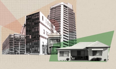 Illustration of a standalone house and a various sizes of apartment blocks