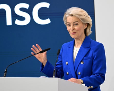 The European Commission president, Ursula von der Leyen, addresses the Munich Security Conference, 14 February 2026.