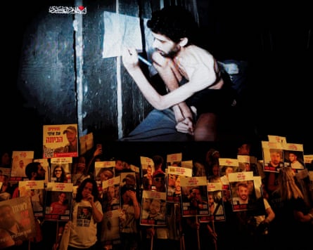 A screengrab of emaciated Israeli hostage Evyatar David is projected above protesters holding placards