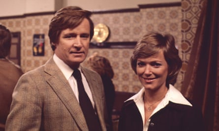 William Roache (as Ken Barlow) and Suzan Farmer (as Sally Robson) in Coronation Street, 1978.