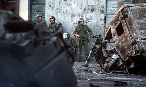 British army troops during rioting on Belfast’s Falls Road in  1976. 