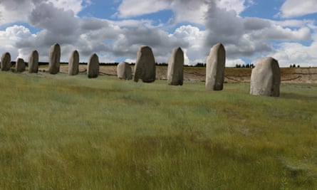 An artist’s impression of how the Durrington Walls monoliths might have looked more than 4,500 years ago. Excavations this summer revealed that there were also holes for huge timber posts.