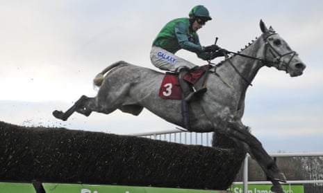 Bristol De Mai and Daryl Jacob clear the final fence to win the Peter Marsh Chase by 22 lengths