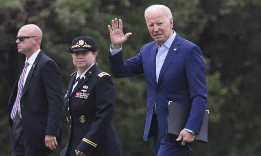 Joe Biden arrives at Fort Lesley J McNair in Washington DC after a trip to Camp David before making remarks on the situation in Afghanistan.