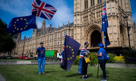 Anti-Brexit protesters outside the Houses of Parliament.