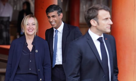 Giorgia Meloni with Rishi Sunak and Emmanuel Macron at the G7 summit in Hiroshima, Japan, 19 May 2023