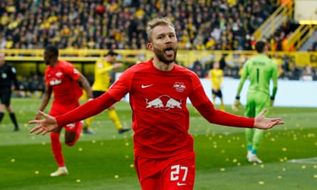 Konrad Laimer celebrates after scoring RB Leipzig’s first goal.