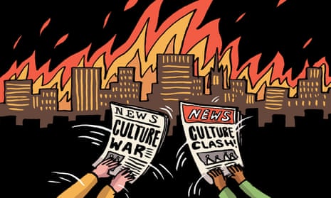 Dom McKenzie illustration depicting a burning city and culture clash headlines