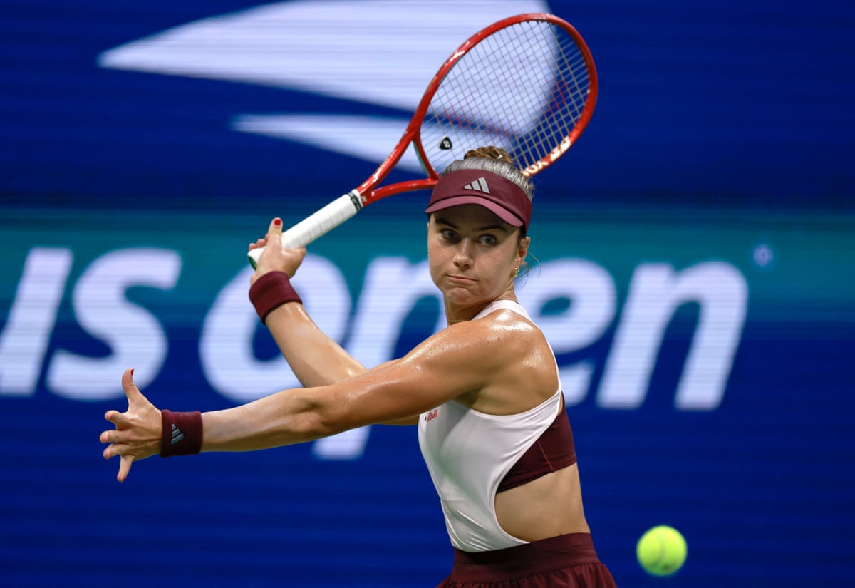 Iva Jovic returns a shot against Coco Gauff during their fourth-round match at the US Open.