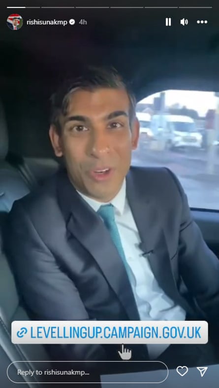 A screengrab from the video – since removed from the prime minister’s Instagram account – shows Sunak not wearing his seatbelt while a passenger in a moving vehicle.