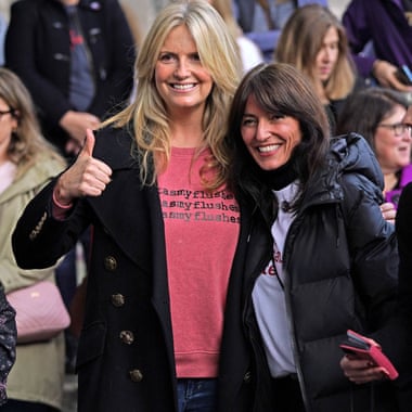 Penny Lancaster, left, and Davina McCall with protesters outside the Houses of Parliament demonstrating against prescription charges for HRT