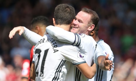 Wayne Rooney celebrates scoring Manchester United’s second goal against Bournemouth with Ander Herrera.