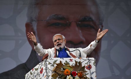 India prime minister Narendra Modi addresses a rally in a cricket stadium in Srinagar in 2015.