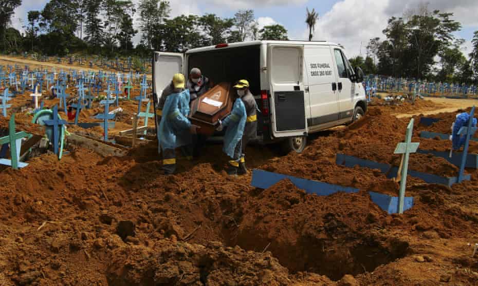 Cemetery workers burry an 89-year-old man who died of Covid in Manaus, Brazil. 