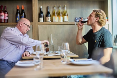 Matt and Sam at a restaurant table