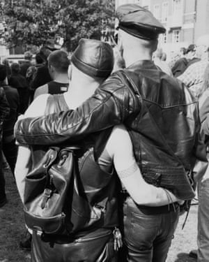 A gay couple at an S&amp;M Pride march in London, 1995