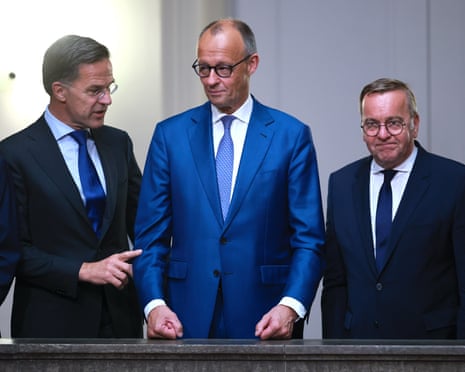 Nato secretary general Mark Rutte, German chancellor Friedrich Merz and German defence minister Boris Pistorius attend a family photo session before a weekly cabinet meeting of the German government in Berlin, Germany.