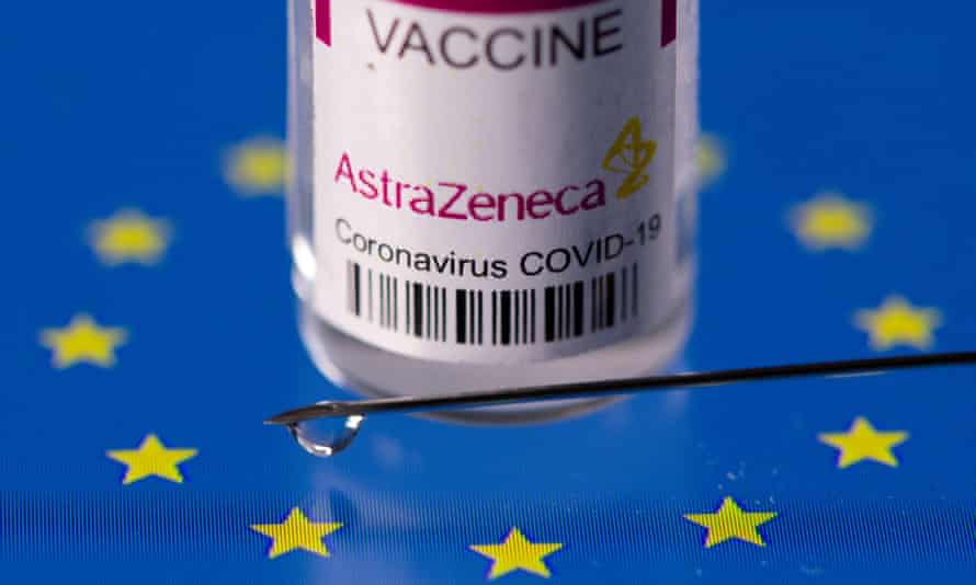 AstraZeneca vaccine vial on EU flag.