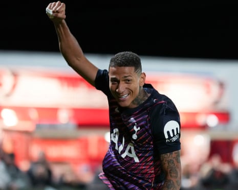 Richarlison celebrates scoring for Tottenham at Cheltenham in the EFL Trophy