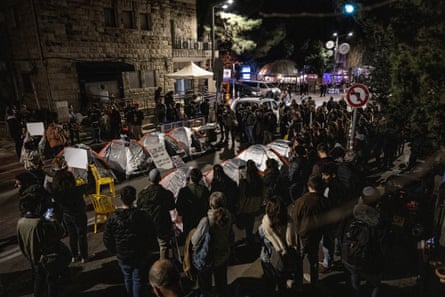 Relatives of Israeli hostages set up tents in front of Israeli prime minister Benjamin Netanyahu’s home
