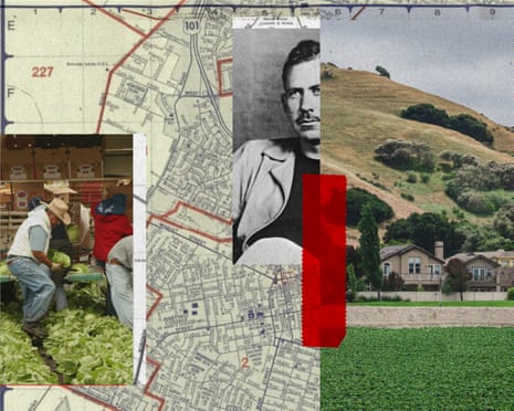 Composite illustration of images of John Steinbeck, farm workers, agricultural fields, and a city map.