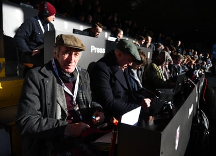 Brian Glanville in the Craven Cottage press box for Fulham’s home Championship game against Aston Villa in February 2018