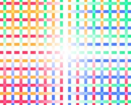 Red, orange, blue and green lines criss-cross over each other in a grid over a white background.