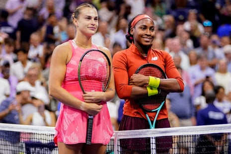 Aryna Sabalenka and Coco Gauff pose before the 2023 US Open final.