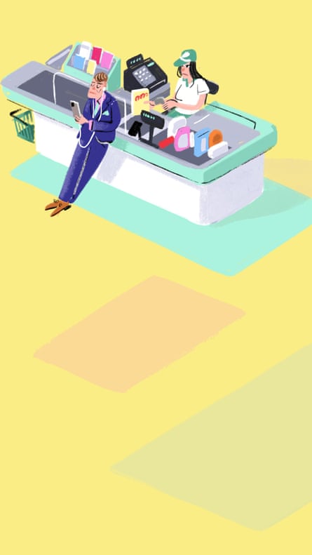 Illustration of man with earphones on and his back to checkout woman at till