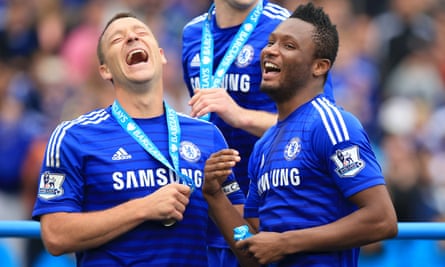 Mikel John Obi (right) celebrates Chelsea’s Premier League title with John Terry in 2015.