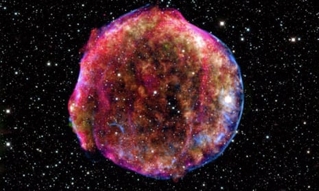 A composite image of the Tycho supernova remnant, made using infrared and X-ray observations from Nasa’s Spitzer telescope and Chandra space observatory, and the Calar Alto observatory, Spain. 