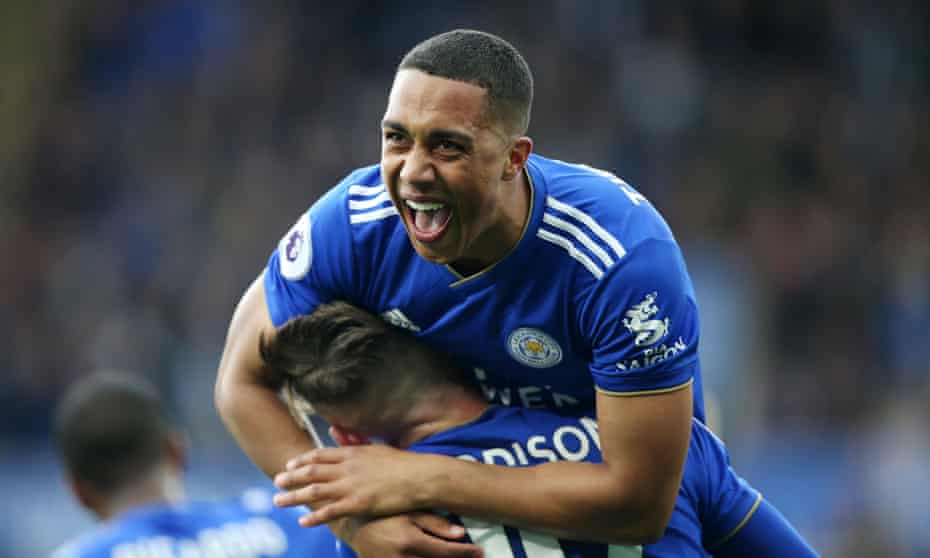 Youri Tielemans celebrates with James Maddison after scoring to make it 1-0 against Arsenal in April 2019. 