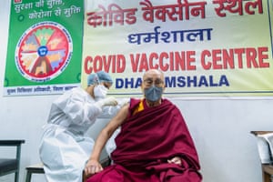 The Dalai Lama receives a Covid vaccine in India in 2021.