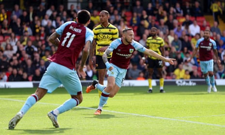 Josh Brownhill races away after his late goal puts Burnley 2-1 ahead of Watford