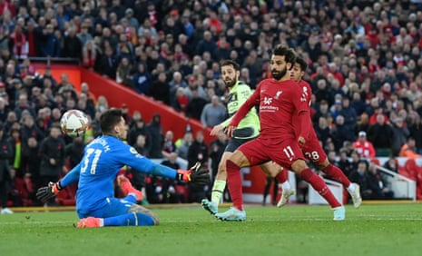 Mohamed Salah of Liverpool scores Liverpool’s. winner against Manchester City on 16 October 2022