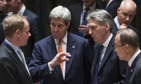 Delegates at the UN security council meeting on Friday, from left: Matthew Rycroft, John Kerry, Philip Hammond and Ban Ki-moon.