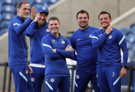 Chelsea manager Thomas Tuchel (left) with his coaching team, including Anthony Barry (third left) and Joe Edwards (right)