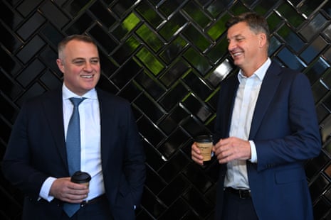 Opposition leader Angus Taylor (right) and shadow treasurer Tim Wilson on Monday morning.