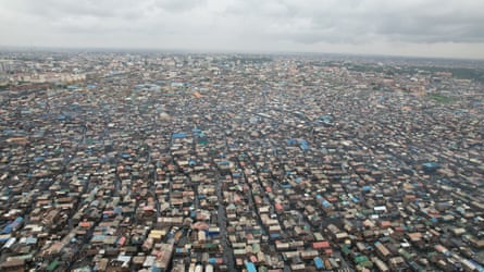 Aerial view of Makoko floating informal waterfront community.