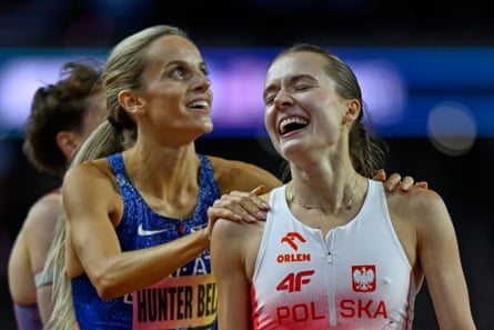 Georgia Hunter Bell, (left) congratulates Klaudia Kazimierska, after winning the women’s 1500m final.