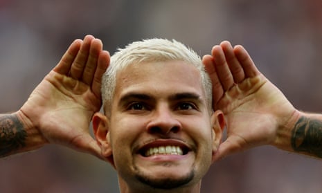 Newcastle United's Bruno Guimaraes celebrated after scoring his second and third goal of the match.